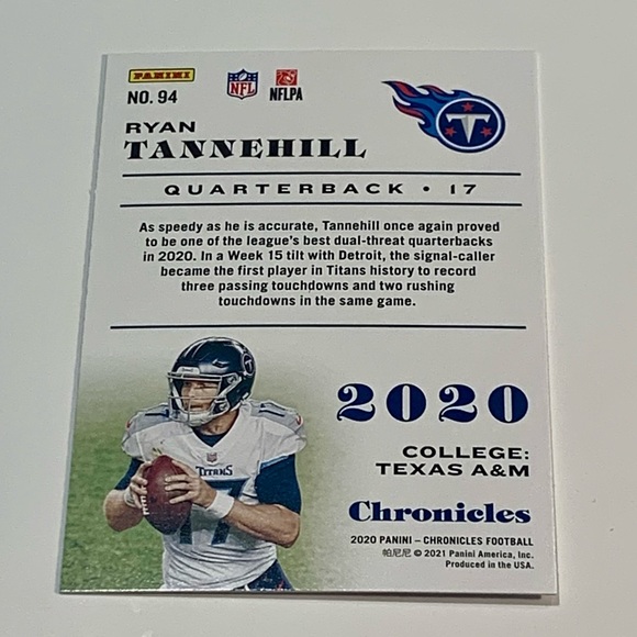 🏈 5/$10 2020 PANINI CHRONICLES - [BASE] #94 RYAN TANNEHILL NFL TRADING CARD 🏈 - Picture 2 of 3